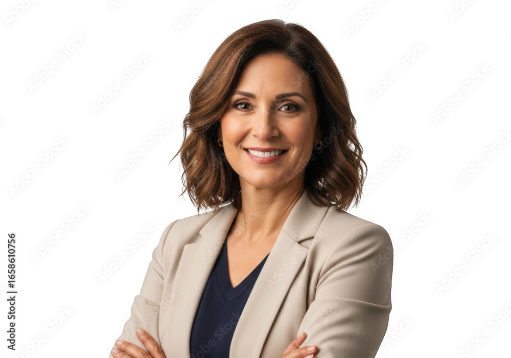 Professional woman in beige blazer smiling isolated on transparent background Professional woman in beige blazer smiling isolated on transparent background