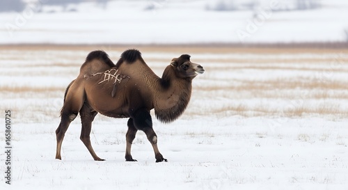 Bactrian Camel Standing in Snowy Winter Landscape