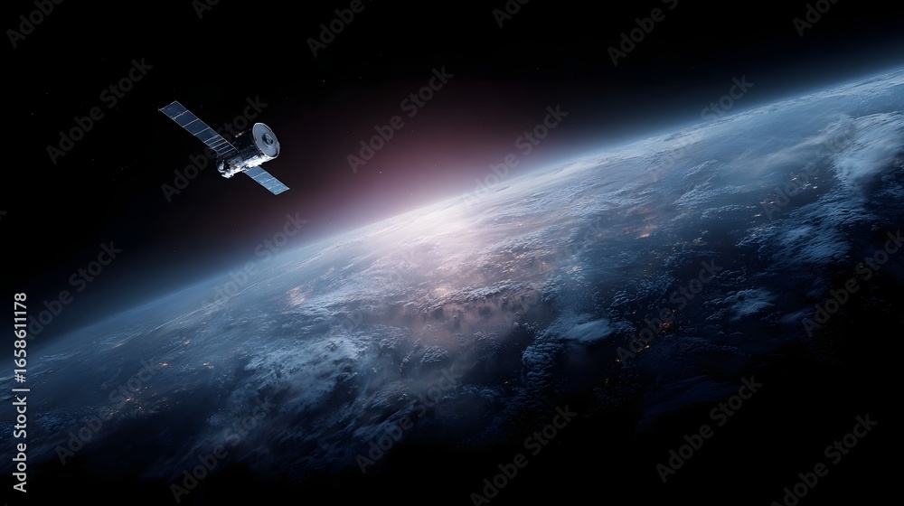 Obraz premium Satellite in orbit beaming data to Earth