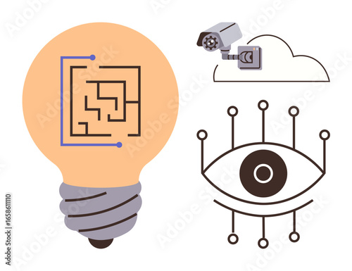 Light bulb with circuit, cloud linked to CCTV, and stylized eye with data nodes. Ideal for themes in innovation, artificial intelligence, cybersecurity, surveillance, technology, big data and future