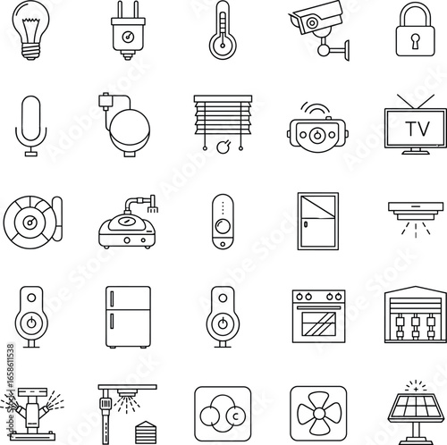Smart home icons, appliances, security, thermostat, lighting, TV, fan, solar, camera, fridge, vacuum, doorbell, robot, home automation, technology outline set