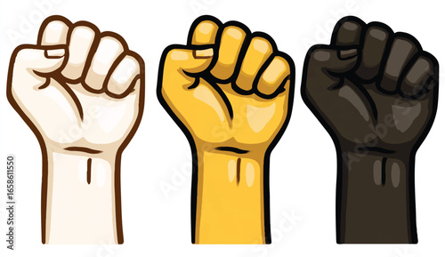 Diversity unity raised fists in protest for racial equality and social justice representing solidarity across different skin tones and backgrounds