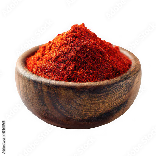  Bowl with red chili powder on white background
