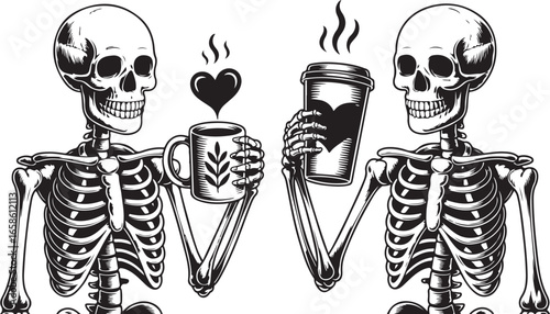 Skeleton showing coffee heart National Day. Cartoon Minimal Clipart Silhouette Vector Illustration Line Art Illustration. Bone structure displaying java affection for worldwide caffeine
