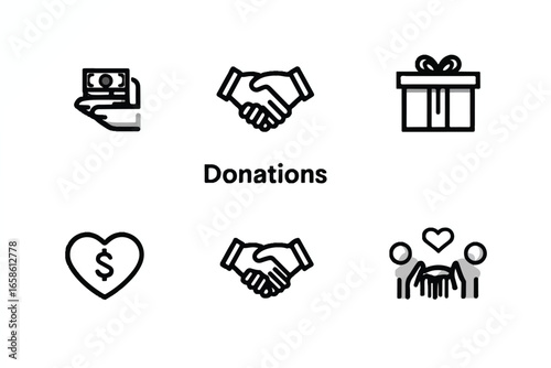 Donations and Charity Vector Icon Set for Giving and Support Initiatives on White Background