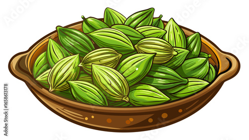 Fresh green cardamom pods in ceramic bowl on light gray background, top view. Natural spice and aromatic ingredient for cooking and flavoring. .white background