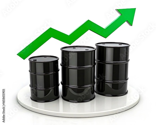 Black Oil Barrels with Green Upward Arrow – Symbol of Rising Oil Prices and Market Growth.