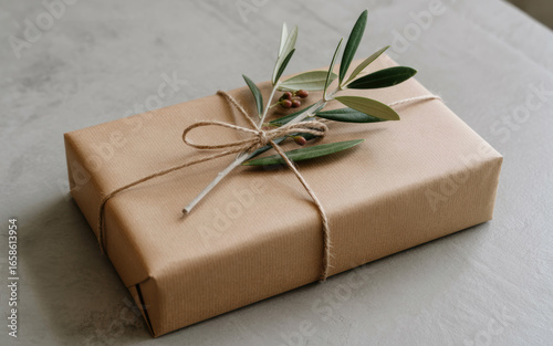 Elegant kraft paper gift box tied with twine and a fresh olive branch, a natural touch.