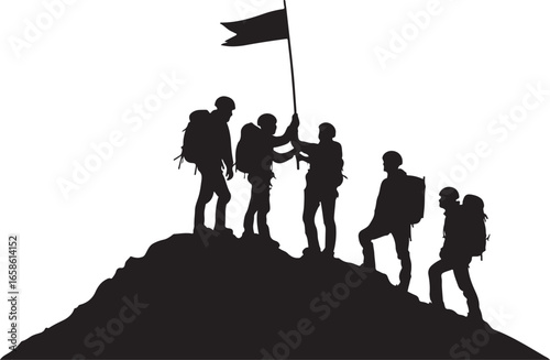 Five hikers in silhouette planting a flag on a mountain peak hiking summit