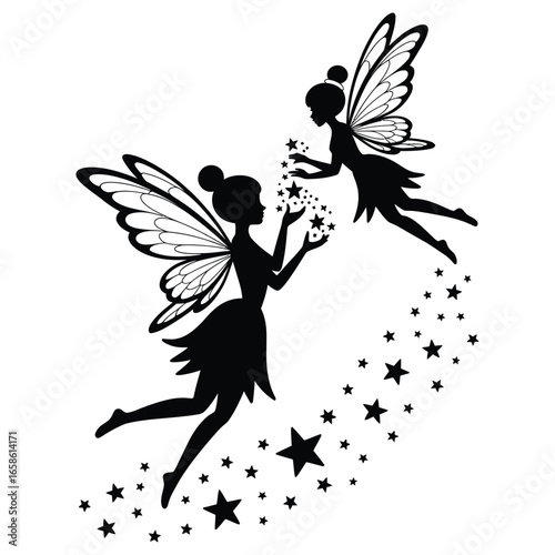 Black and white vector silhouette of a fairy standing in a field of flowers and grasses with whimsical magical design