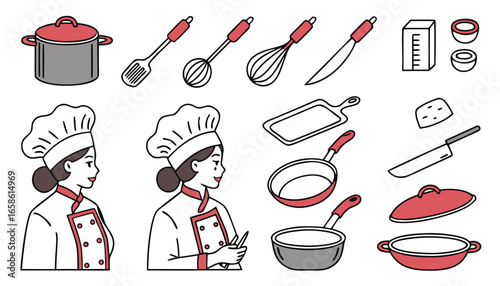 Collection of kitchen utensils and cooking tools