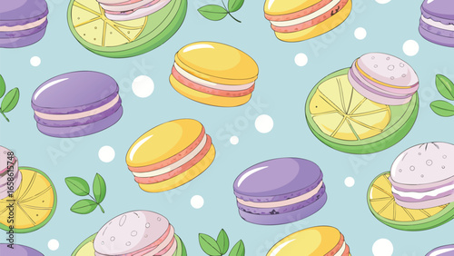 Seamless Pastel Macarons and Citrus Pattern on Blue