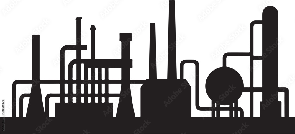 Obraz premium Black silhouette of an industrial complex with pipes and towers against a white background factory black and white