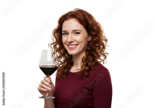 Smiling woman holding a glass of red wine isolated on transparent background