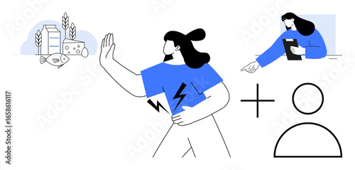 Woman holding her stomach while avoiding dairy and gluten, hand gesture rejecting food. Diet management, health awareness, food intolerance, sustainable lifestyle. Ideal for wellness blogs