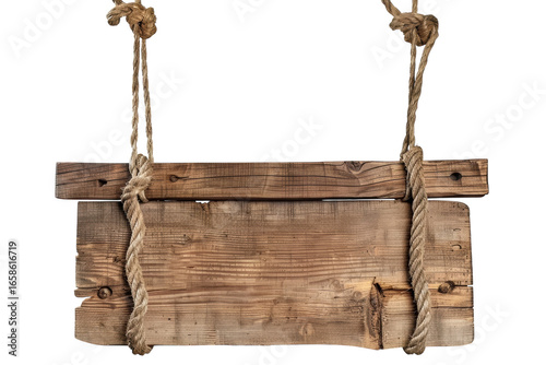 Rustic wooden sign hanging by ropes, weathered wood texture