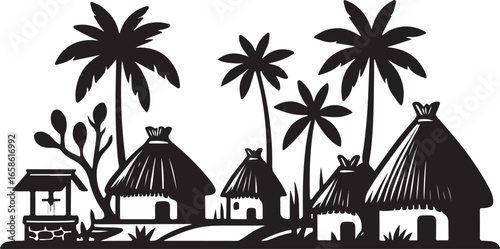 Silhouette village scene with thatched roof huts palm trees and a well vector