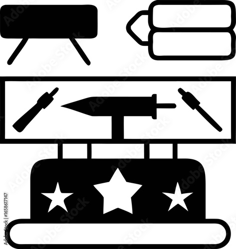 Set of athletic competition glyphs and sports symbols. Black silhouette illustration of gymnastics equipment, a pommel horse, vaulting table, and a winner's podium with stars.