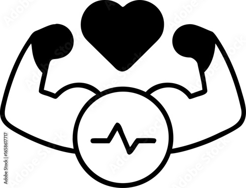 Healthy Lifestyle Concept with Heart Symbol, Muscular Arms, and Heartbeat Line Illustrating Strength, Fitness, and Well-being
