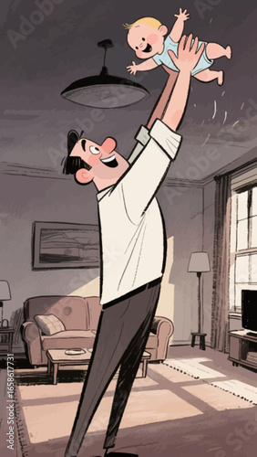 Dad holding his son up, hand-drawn illustrations, cartoon illustrations, family and parent-child time, great fatherly love, exquisite vector illustrations