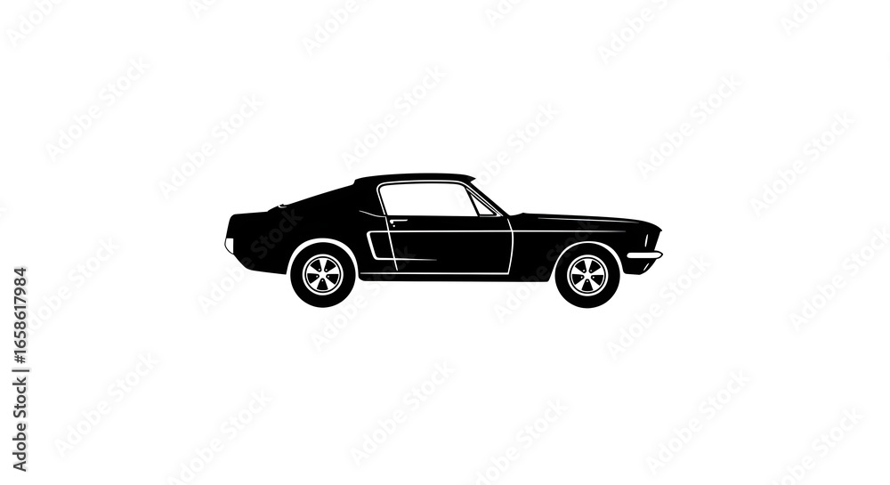 A striking black silhouette of a classic American muscle car, this vintage fastback coupe is a powerful graphic icon isolated on a white background. A striking black silhouette of a classic American muscle car, this vintage fastback coupe is a powerful graphic icon isolated on a white background.