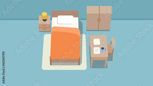 An illustration of a minimalist bedroom with modern furniture, featuring a bed with an orange blanket, a bedside lamp, a wardrobe, and a desk with papers and a coffee cup. The room is designed in a so