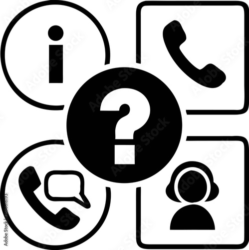 Contact Information and Help Icon Set A collection of informational symbols, question marks, and telephone icons, perfect for customer support and communication, providing guidance and assistance.