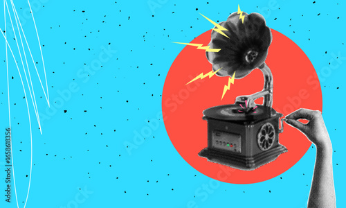 Retro collage style gramophone. Hand with halftone effect turns the handle of vinyl player. Vector banner on blue background.