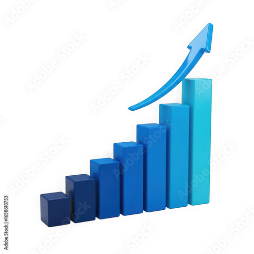 Blue bar chart with upward arrow showing positive growth and success isolated on transparent background