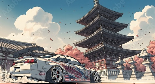 Anime JDM Sports Car at Japanese Pagoda