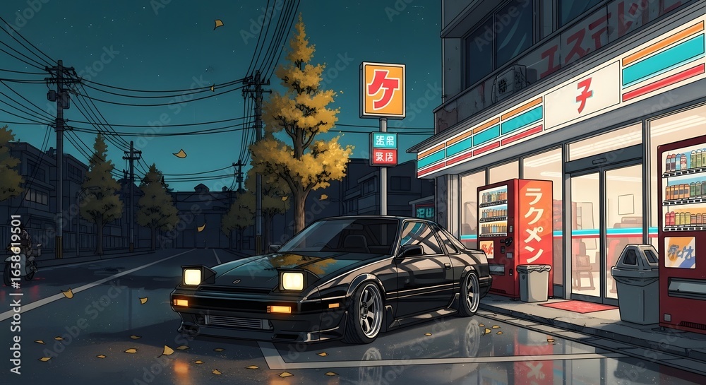 Fototapeta premium Retro Anime Night Scene with Classic Sports Car and Convenience Store