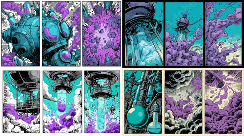 Comic-style steampunk explosion scene with laboratory machines, pipes, and reactors. Retro sci-fi illustration of industrial science and mechanical chaos.