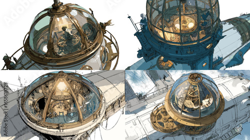 Detailed steampunk glass observation domes on industrial ships. Retro mechanical architecture concept with gears, brass structures, and glowing interiors.