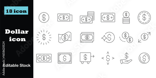 Dollar line icon set vector on white background.  money, finance, currency, coin, payment, cash, investment, banking, business, economy, exchange, wealth, saving, fund, transfer, income, symbol.