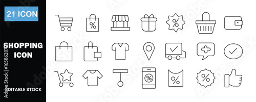 Shopping line icon set vector on white background.  cart, bag, cake, shirt, star, basket, box, dress, location, check, comment, tick, crown, clothing, pin, mark, speech, checkmark, symbol.