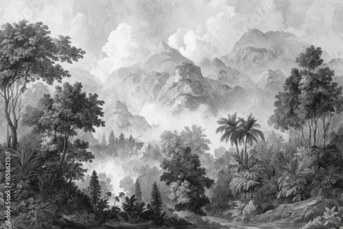 Fototapeta Naklejka Na Ścianę i Meble -  Vintage landscape drawing showcasing a lush jungle mou enveloped in mist with distant mountains under a cloudy sky