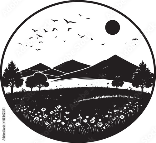  Sunset Round Landscape Silhouette Vector Illustration