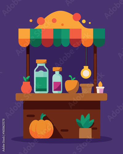 Fruit and vegetable stall vector illustration in flat style. Vegetarian market.