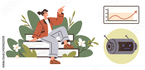 Woman seated on books gesturing upward amidst plants, joined by a growth graph and friendly robot head. Ideal for education, technology, learning, innovation, success, artificial intelligence