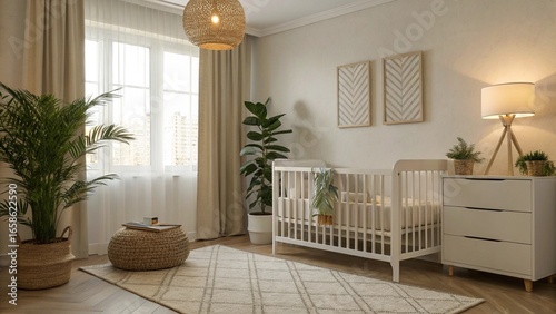 Cozy and Modern Nursery Room Interior
Stylish Baby Crib in a Neutral Tone Kids' Room
Bright Child's Bedroom with Potted Plants and Woven Decor