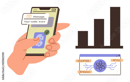 Hand holding smartphone with fingerprint scanner, verification code, bar graph, quantum computing icon. Ideal for cybersecurity, online authentication, data analysis, technology, privacy innovation