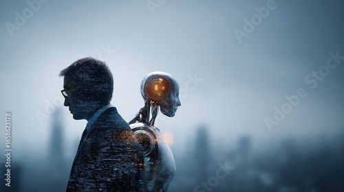 A futuristic humanoid AI agent robot and a human working as a team using agentic AGI technology and ASI superintelligence for autonomy during the future singularity