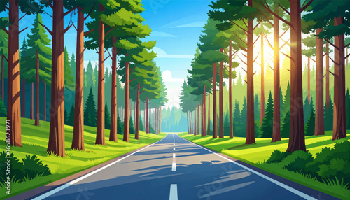 Scenic country road in nature. Quiet road through green forest. Sun shining on peaceful road. Peaceful green forest landscape. Nature road with tall green trees