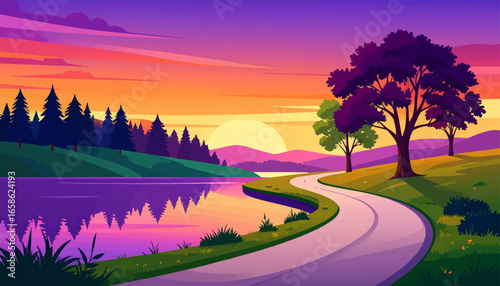 Beautiful road by sunset lake. Peaceful lakeside path at dusk. Sunset reflection on calm water. Scenic road along tranquil lake. Colorful sunset over serene lake