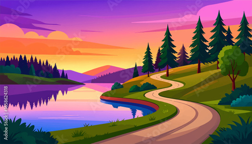 Evening drive through forest path. Sunset road with mountain backdrop. Winding path through nature’s calm. Beautiful mountain and lake road. Scenic nature drive at sunset