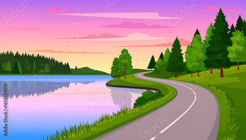 Curved road near forest and lake. Calm evening by the peaceful lake. Scenic drive through nature landscape. Beautiful lakeside road with trees. Sunset view on winding country road