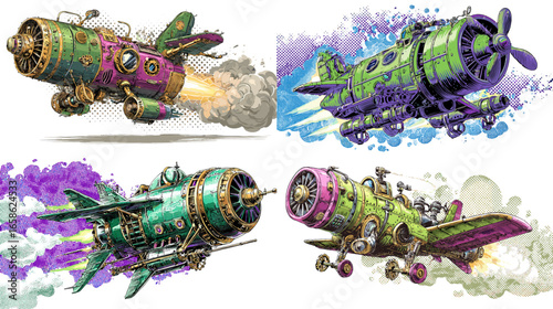 Vibrant fantasy aircraft with brass engines and purple exhaust trails. Steampunk mechanical aviation design blending retro engineering and futuristic art.