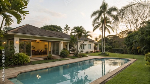 Residential House with an Outdoor Pool and Tropical Plants
Beautiful Home with a Backyard Pool and Garden
Tropical Villa Exterior with a Swimming Pool and Palm Trees