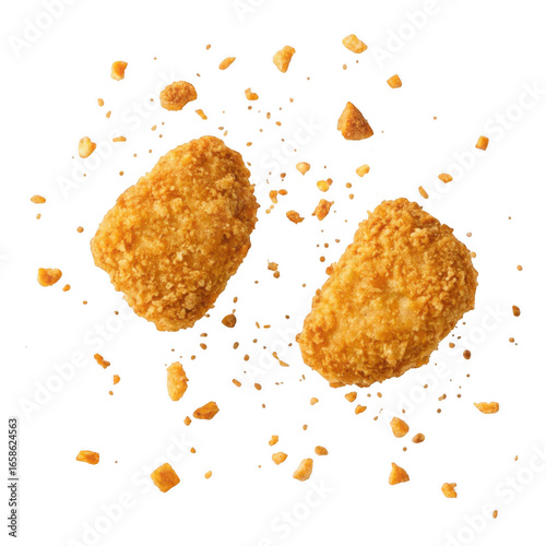 Two golden crispy chicken nuggets with crumbs isolated on transparent background