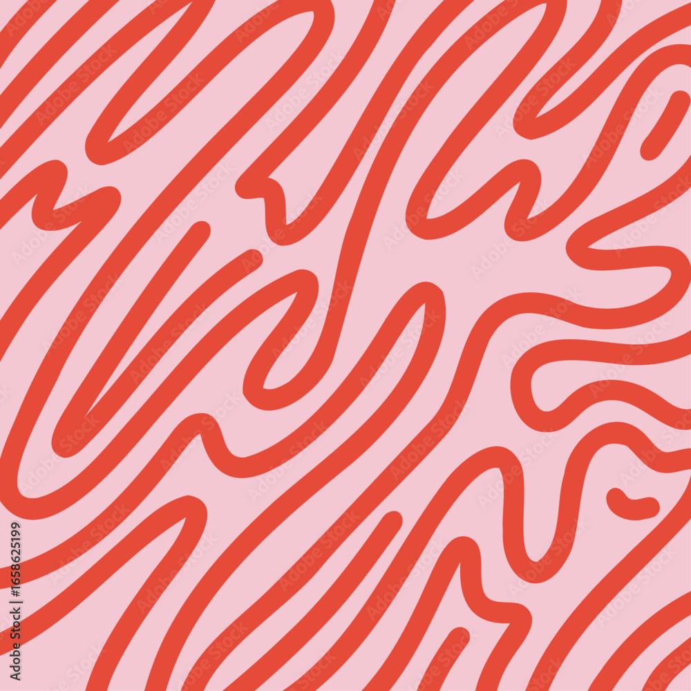 Abstract 70s Wavy Lines Background with Dynamic Strokes. Trendy Vector Illustration in Retro Style. Pink and Red colors